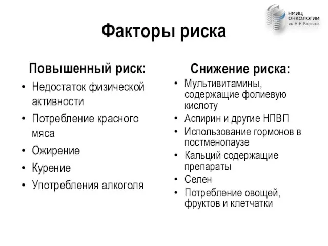 Факторы риска Повышенный риск: Недостаток физической активности Потребление красного мяса Ожирение Курение