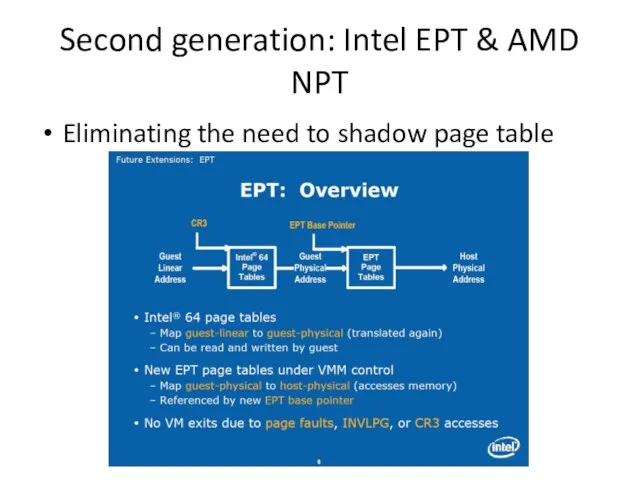 Second generation: Intel EPT & AMD NPT Eliminating the need to shadow page table