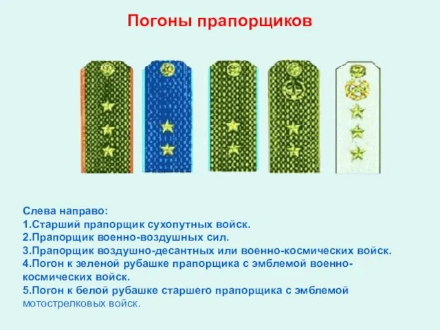 Погоны прапорщиков Слева направо: 1.Старший прапорщик сухопутных войск. 2.Прапорщик военно-воздушных сил. 3.Прапорщик