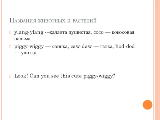 Названия животных и растений ylang-ylang -–каланта душистая, coco — кокосовая пальма piggy-wiggy