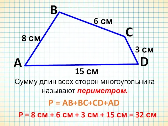 Сумму длин всех сторон многоугольника называют периметром. P = AB+BC+CD+AD P =