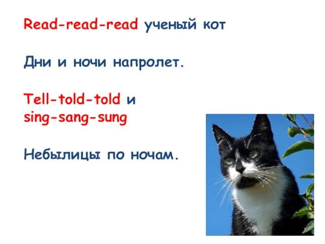 Read-read-read ученый кот Дни и ночи напролет. Tell-told-told и sing-sang-sung Небылицы по ночам.