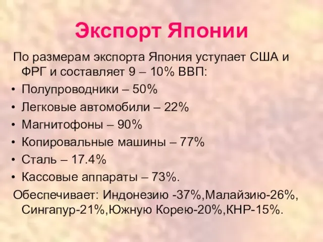 Экспорт Японии По размерам экспорта Япония уступает США и ФРГ и составляет