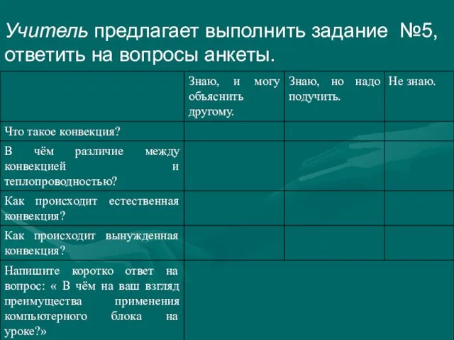 Учитель предлагает выполнить задание №5, ответить на вопросы анкеты.