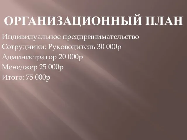 ОРГАНИЗАЦИОННЫЙ ПЛАН Индивидуальное предпринимательство Сотрудники: Руководитель 30 000р Администратор 20 000р Менеджер