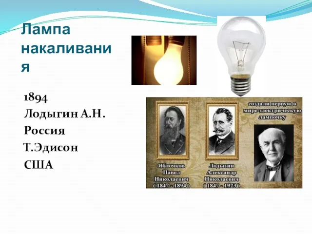 Лампа накаливания 1894 Лодыгин А.Н. Россия Т.Эдисон США