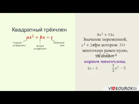 Квадратный трёхчлен Старший коэффициент Свободный член Второй коэффициент Значение переменной, при котором