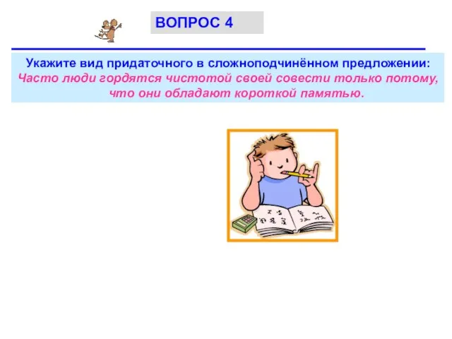 Укажите вид придаточного в сложноподчинённом предложении: Часто люди гордятся чистотой своей совести