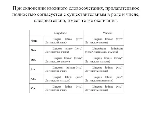 При склонении именного словосочетания, прилагательное полностью согласуется с существительным в роде и