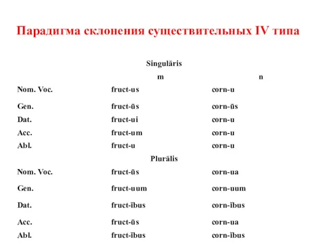 Парадигма склонения существительных IV типа