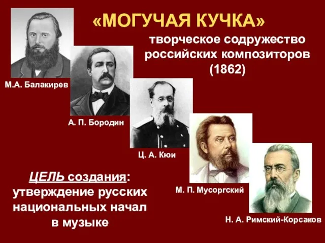 «МОГУЧАЯ КУЧКА» творческое содружество российских композиторов (1862) ЦЕЛЬ создания: утверждение русских национальных