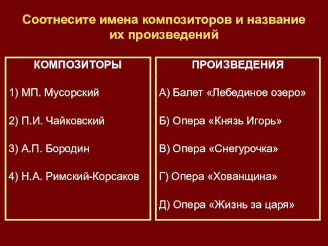 Соотнесите имена композиторов и название их произведений КОМПОЗИТОРЫ 1) МП. Мусорский 2)