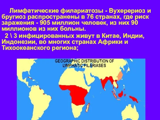 Лимфатические филариатозы - Вухерериоз и бругиоз распространены в 76 странах, где риск