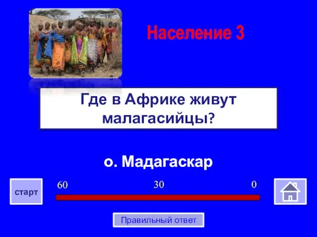 о. Мадагаскар Где в Африке живут малагасийцы? Население 3 0 30 60 старт Правильный ответ