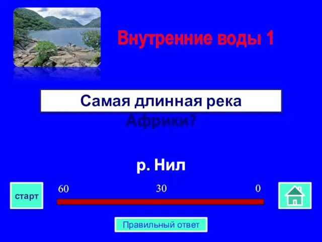 р. Нил Самая длинная река Африки? Внутренние воды 1 0 30 60 старт Правильный ответ