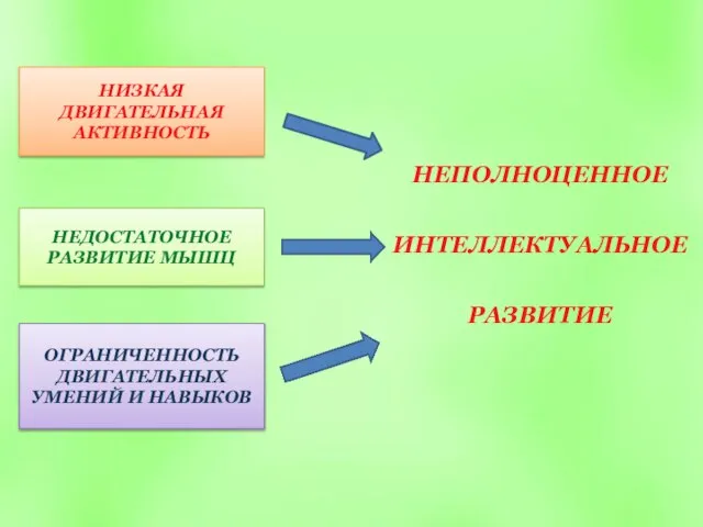 НИЗКАЯ ДВИГАТЕЛЬНАЯ АКТИВНОСТЬ НЕДОСТАТОЧНОЕ РАЗВИТИЕ МЫШЦ ОГРАНИЧЕННОСТЬ ДВИГАТЕЛЬНЫХ УМЕНИЙ И НАВЫКОВ НЕПОЛНОЦЕННОЕ ИНТЕЛЛЕКТУАЛЬНОЕ РАЗВИТИЕ