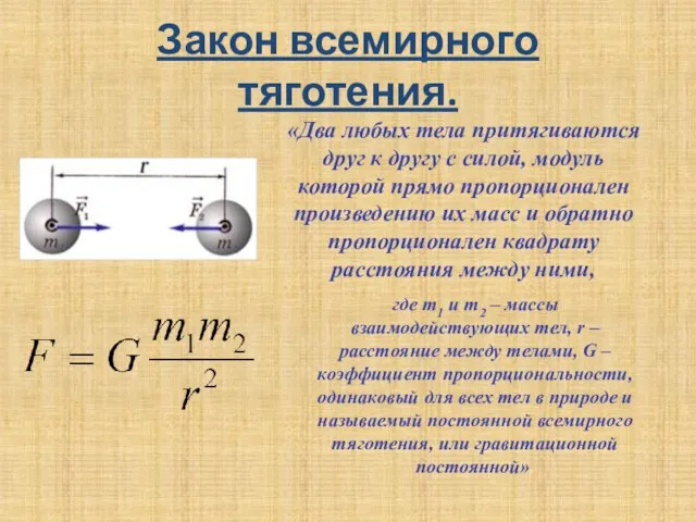 Закон всемирного тяготения. «Два любых тела притягиваются друг к другу с силой,