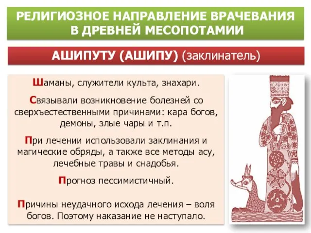 АШИПУТУ (АШИПУ) (заклинатель) РЕЛИГИОЗНОЕ НАПРАВЛЕНИЕ ВРАЧЕВАНИЯ В ДРЕВНЕЙ МЕСОПОТАМИИ Шаманы, служители культа,