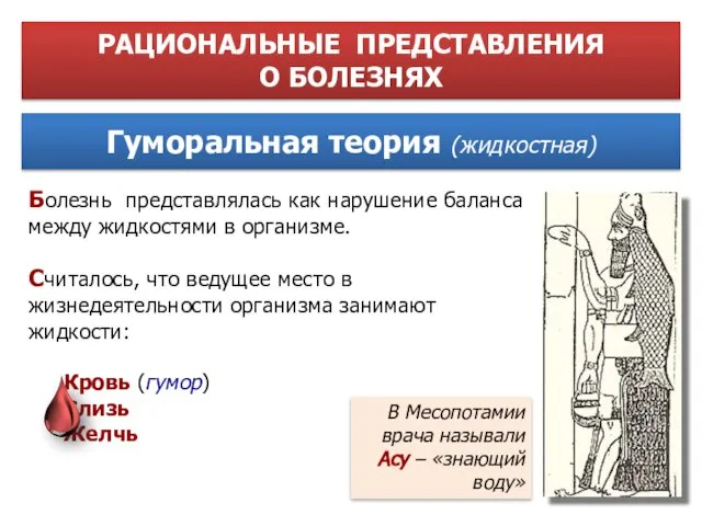 Болезнь представлялась как нарушение баланса между жидкостями в организме. Считалось, что ведущее