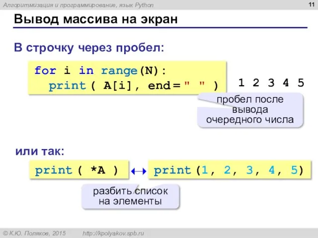 Вывод массива на экран В строчку через пробел: for i in range(N):