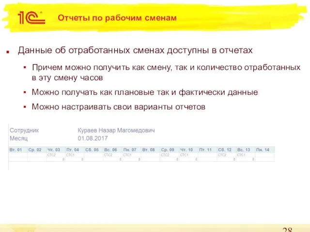 Отчеты по рабочим сменам Данные об отработанных сменах доступны в отчетах Причем