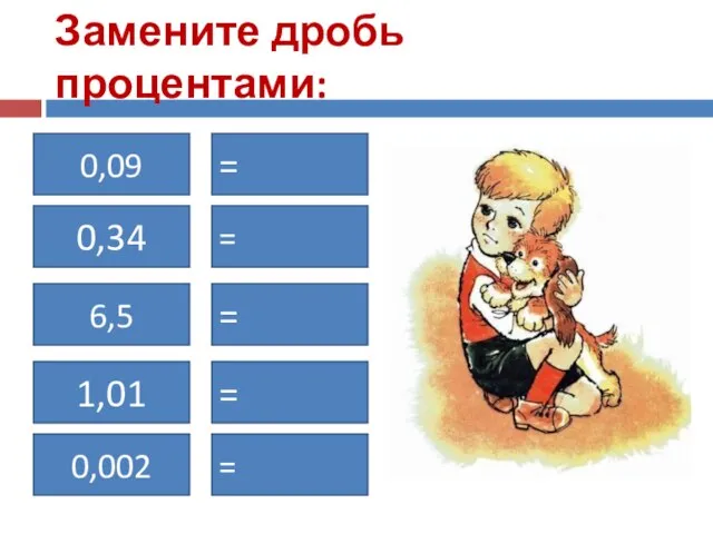 Замените дробь процентами: 0,09 0,34 6,5 0,002 = 1,01 = = = =