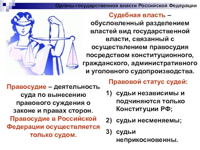 Органы государственной власти Российской Федерации Судебная власть – обусловленный разделением властей вид