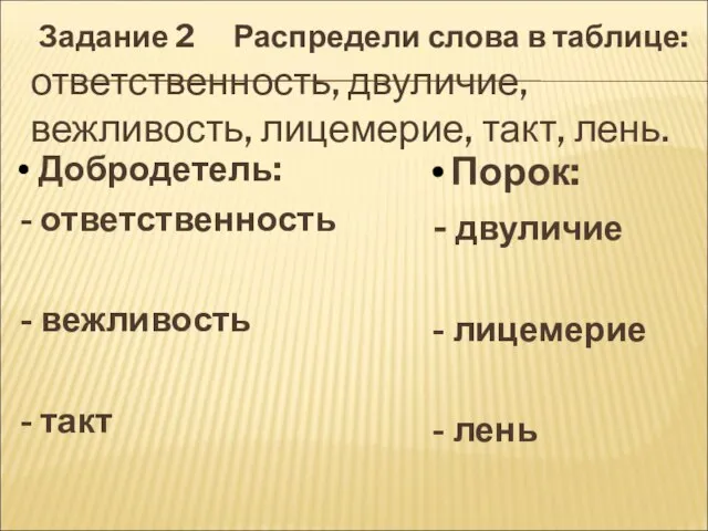 Задание 2 Распредели слова в таблице: ответственность, двуличие, вежливость, лицемерие, такт, лень.