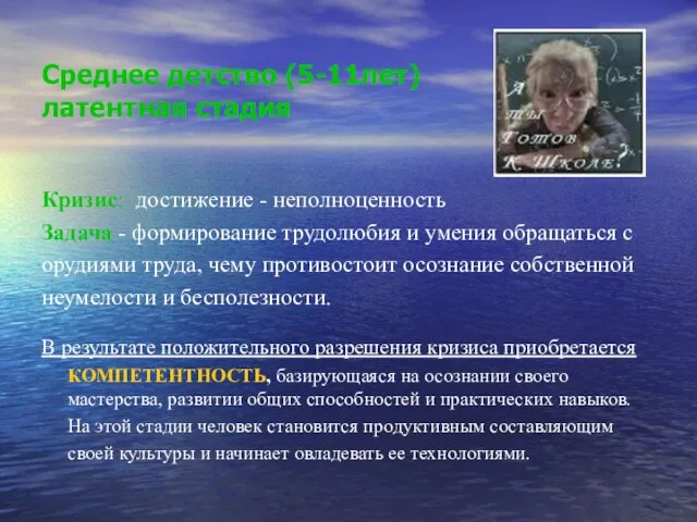 Среднее детство (5-11лет) латентная стадия В результате положительного разрешения кризиса приобретается КОМПЕТЕНТНОСТЬ,