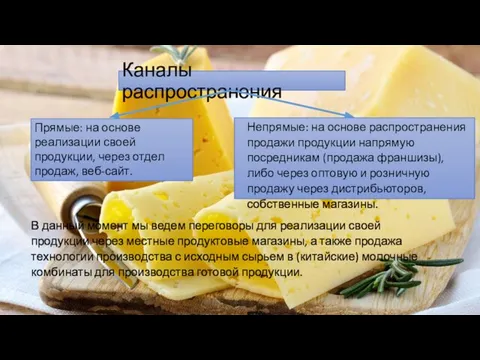 Каналы распространения Прямые: на основе реализации своей продукции, через отдел продаж, веб-сайт.