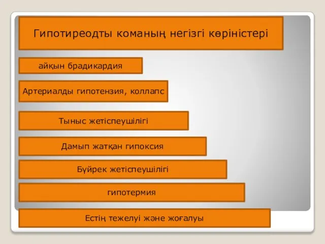 Гипотиреодты команың негізгі көріністері айқын брадикардия Артериалды гипотензия, коллапс Тыныс жетіспеушілігі Дамып