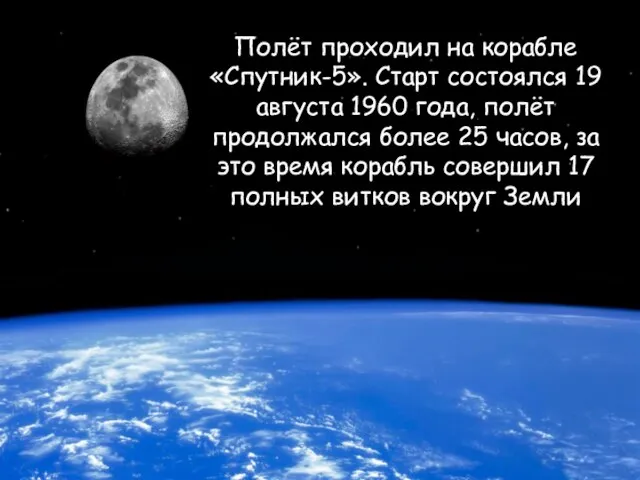Полёт проходил на корабле «Спутник-5». Старт состоялся 19 августа 1960 года, полёт