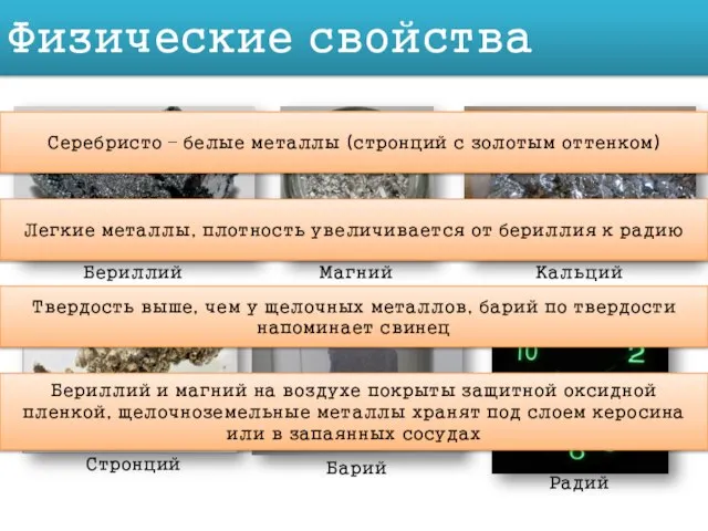 Физические свойства Бериллий Магний Кальций Барий Радий Стронций Серебристо – белые металлы