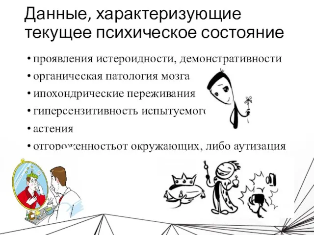 Данные, характеризующие текущее психическое состояние проявления истероидности, демонстративности органическая патология мозга ипохондрические