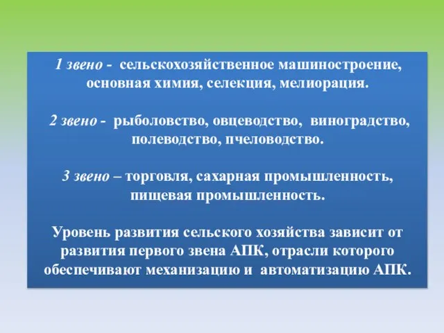 1 звено - сельскохозяйственное машиностроение, основная химия, селекция, мелиорация. 2 звено -