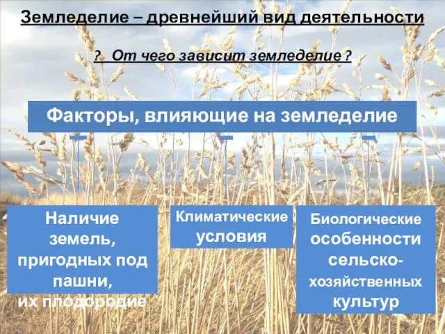 Земледелие – древнейший вид деятельности ? От чего зависит земледелие ? Факторы,