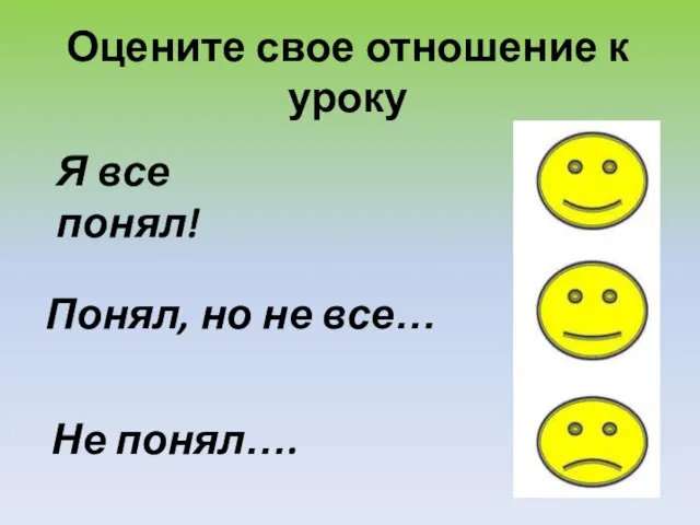 Оцените свое отношение к уроку Я все понял! Понял, но не все… Не понял….