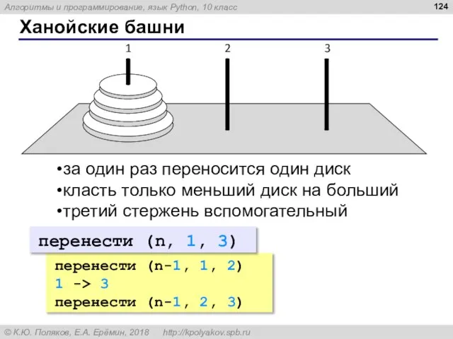 Ханойские башни за один раз переносится один диск класть только меньший диск