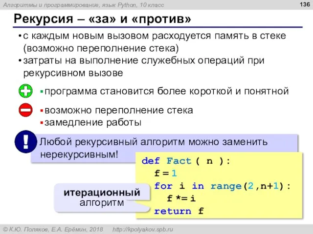 Рекурсия – «за» и «против» с каждым новым вызовом расходуется память в