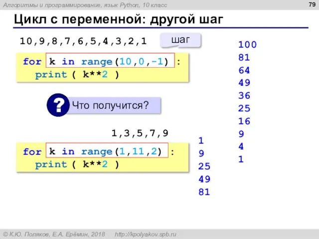 Цикл с переменной: другой шаг 100 81 64 49 36 25 16