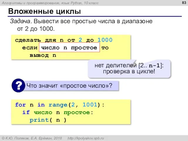 Вложенные циклы Задача. Вывести все простые числа в диапазоне от 2 до