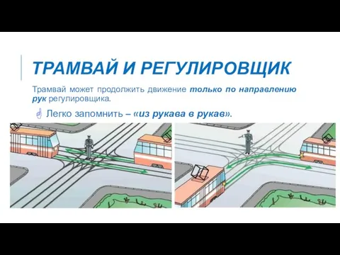 ТРАМВАЙ И РЕГУЛИРОВЩИК Трамвай может продолжить движение только по направлению рук регулировщика.