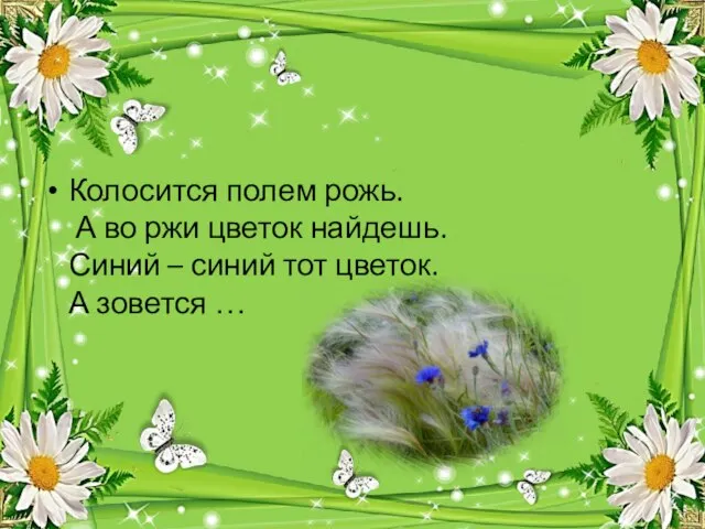 Колосится полем рожь. А во ржи цветок найдешь. Синий – синий тот цветок. А зовется …