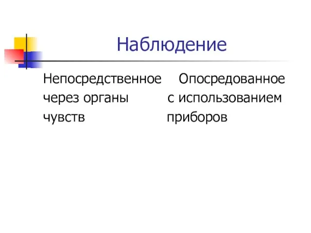 Наблюдение Непосредственное Опосредованное через органы с использованием чувств приборов