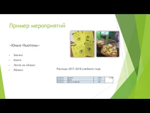 Пример мероприятий «Юные Ньютоны» Значки Книги Лента на яблоки Яблоки Расходы 2017-2018 учебного года