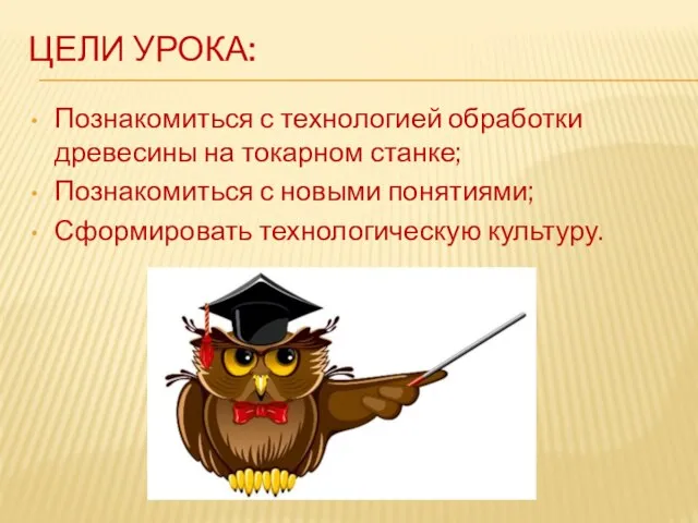 ЦЕЛИ УРОКА: Познакомиться с технологией обработки древесины на токарном станке; Познакомиться с