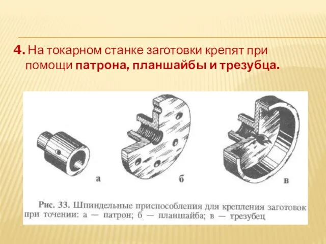 4. На токарном станке заготовки крепят при помощи патрона, планшайбы и трезубца.