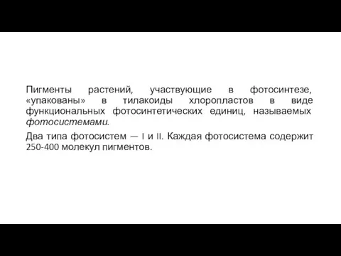 Пигменты растений, участвующие в фотосинтезе, «упакованы» в тилакоиды хлоропластов в виде функциональных