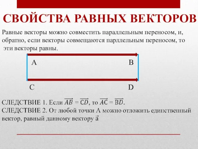 СВОЙСТВА РАВНЫХ ВЕКТОРОВ Равные векторы можно совместить параллельным переносом, и, обратно, если