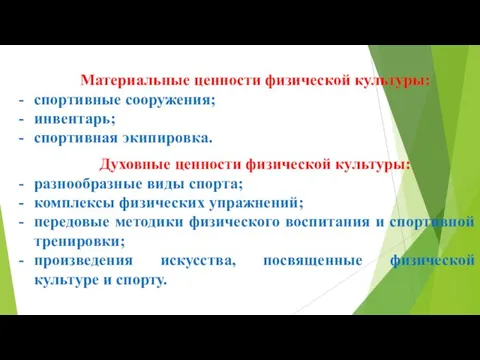 Материальные ценности физической культуры: спортивные сооружения; инвентарь; спортивная экипировка. Духовные ценности физической